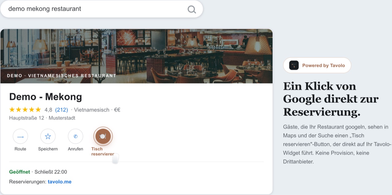 Beispielhafte Darstellung (Mockup) eines Google-Eintrags für ein Restaurant mit hervorgehobenem Tisch-reservieren-Button, der auf das Tavolo-Widget führt.