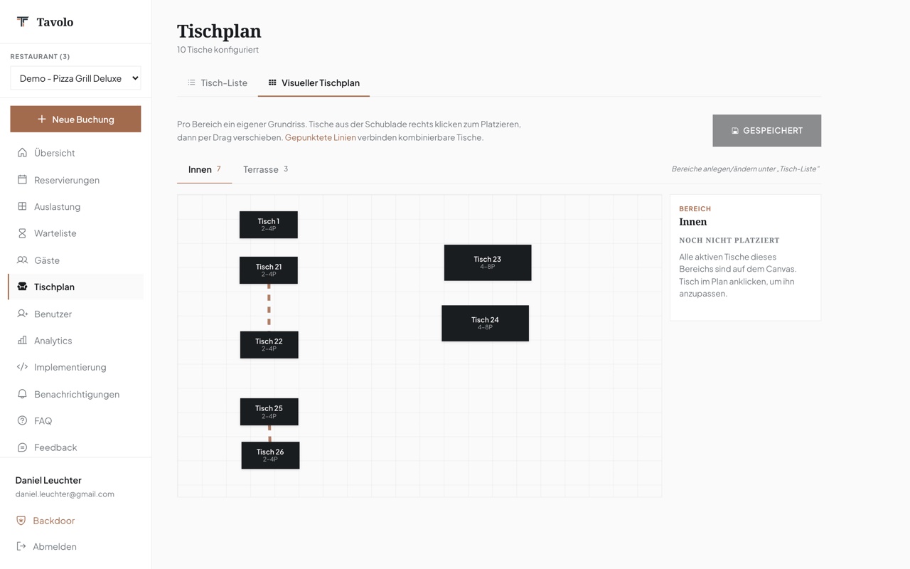 Der visuelle Tischplan im Bereich Innen: eine gepunktete Linie verbindet Tisch 21 und 22, eine separate Linie Tisch 25 und 26, dazwischen keine Verbindung.