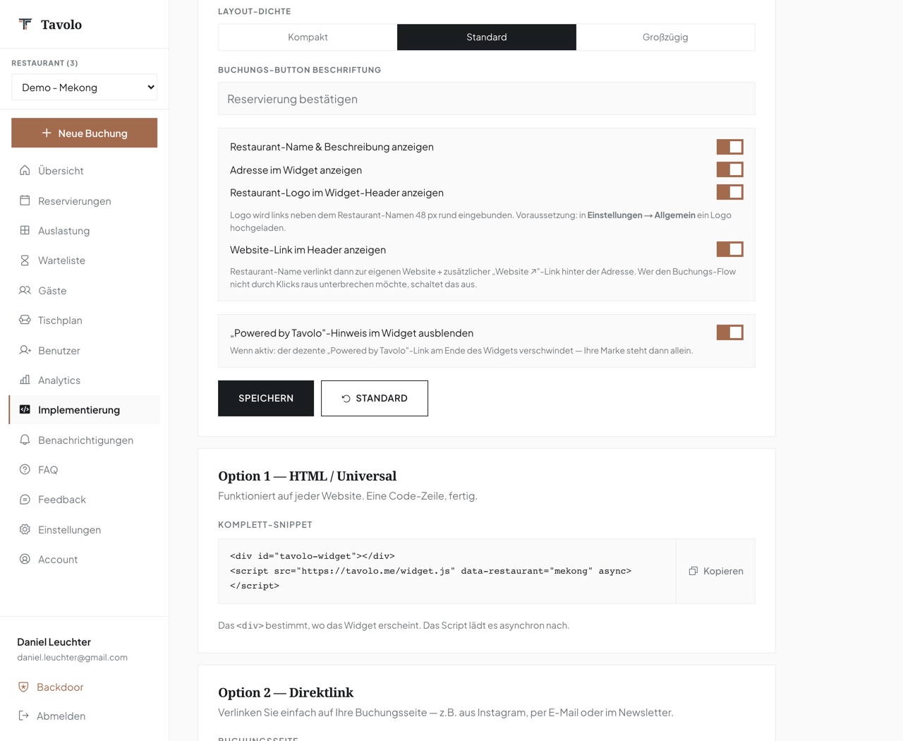 Derselbe Reiter mit Option 1, HTML / Universal: das komplette Snippet aus div und script-Tag mit dem Attribut data-restaurant „mekong" und einem Kopieren-Button, dazu der Hinweis, dass es auf jeder Website funktioniert.