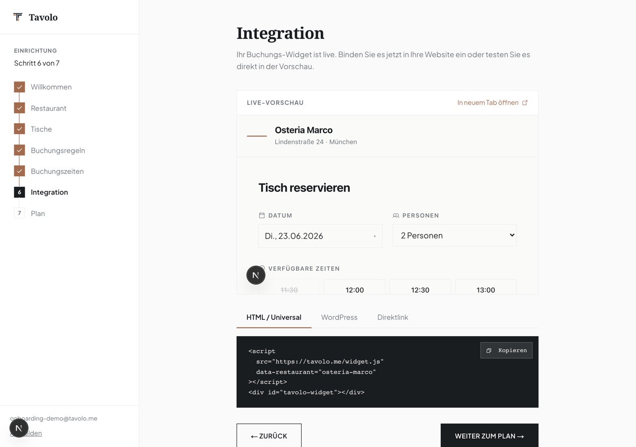 Der Schritt Integration mit der Live-Vorschau des fertigen Buchungs-Widgets samt Name und Adresse des Restaurants und dem Einbettungs-Code in den drei Varianten HTML, WordPress und Direktlink.