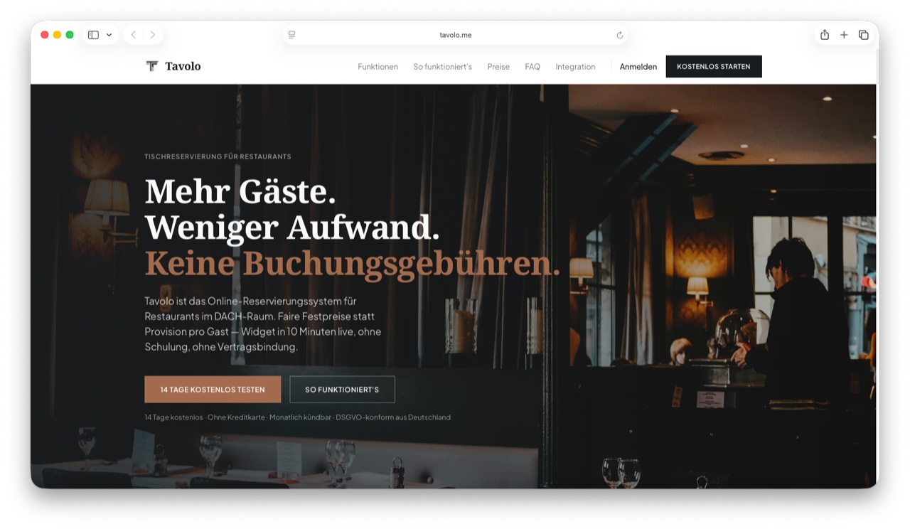 Die Startseite von tavolo.me mit den Schaltflächen „Anmelden" und „Kostenlos starten" oben rechts.