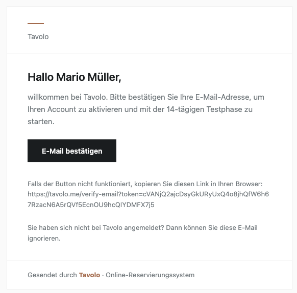 Die Bestätigungs-E-Mail von Tavolo mit dem Button „E-Mail bestätigen".
