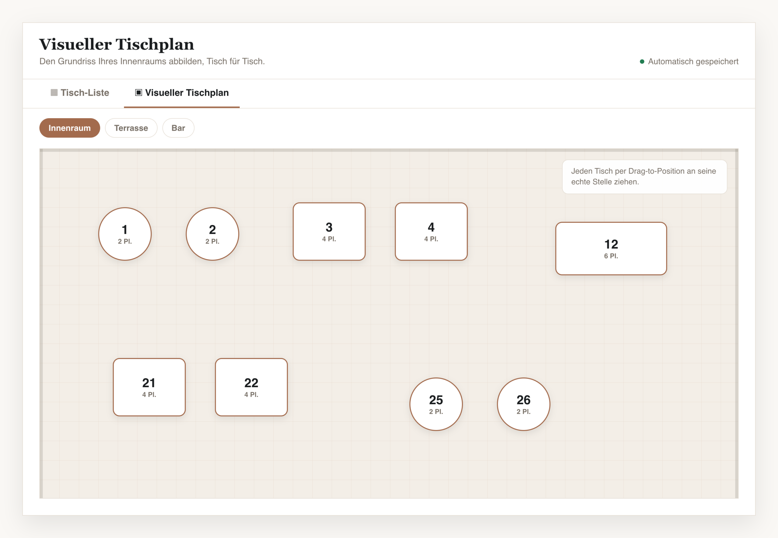 Der visuelle Tischplan im Bereich Innenraum: Tische als runde und eckige Symbole mit Nummer und Sitzplatzanzahl, frei auf einer beigen Grundrissfläche positioniert.