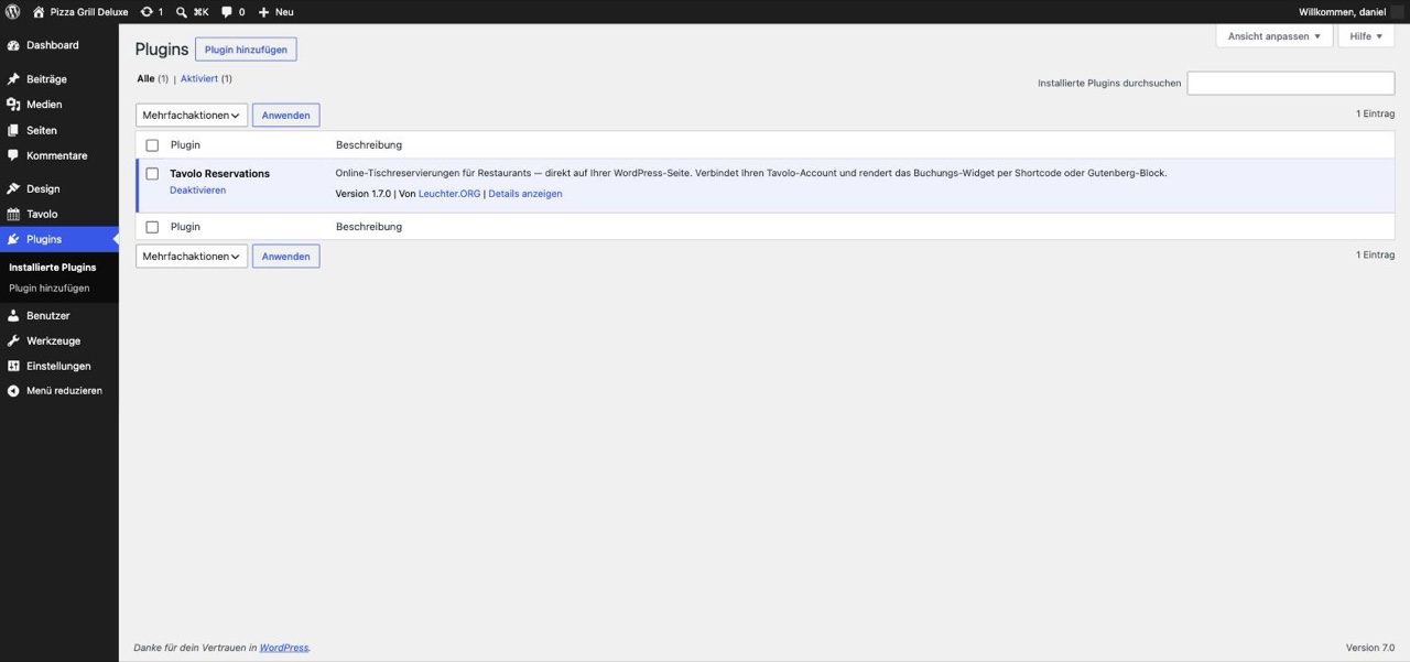 WordPress-Adminbereich, Plugins-Seite: Das Plugin „Tavolo Reservations" (Version 1.7.0, von Leucht.ORG) ist aktiviert, mit der Beschreibung „Online-Tischreservierungen für Restaurants, direkt auf Ihrer WordPress-Seite. Verbindet Ihren Tavolo-Account und rendert das Buchungs-Widget per Shortcode oder Gutenberg-Block."