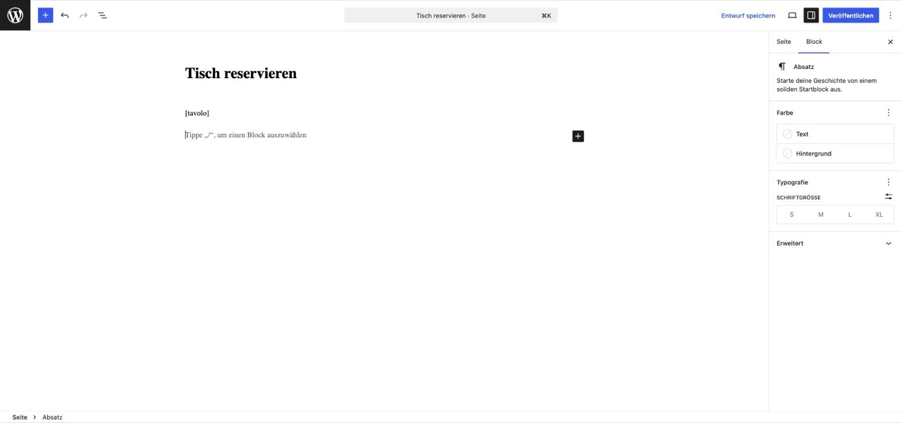 WordPress-Seiteneditor (Gutenberg): die neue Seite „Tisch reservieren" mit dem eingefügten Shortcode [tavolo] im Inhalt.